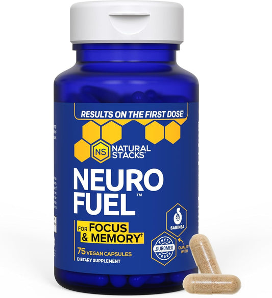 Natural Stacks NeuroFuel bottle front showing sleek packaging for focus support