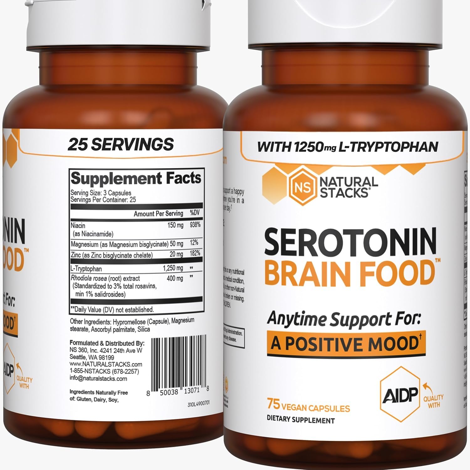 Natural Stacks Serotonin Brain Food bottle with capsules supports mood balance.
