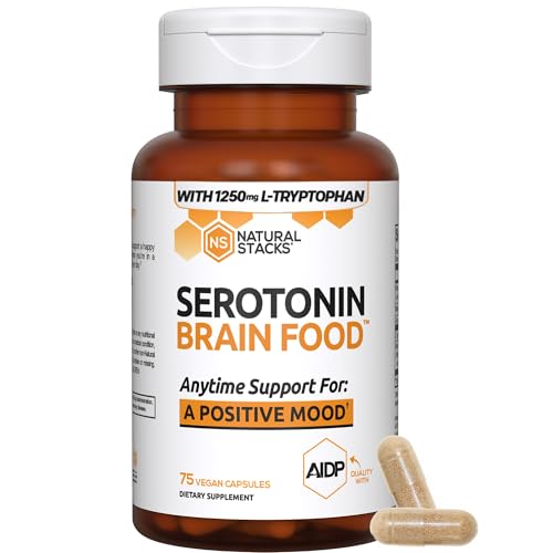 Natural Stacks Serotonin capsules closeup highlights L-Tryptophan and Rhodiola ingredients.