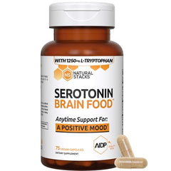 Natural Stacks Serotonin capsules closeup highlights L-Tryptophan and Rhodiola ingredients.