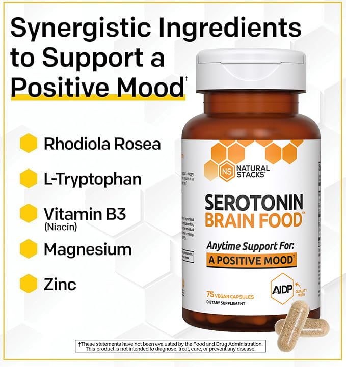 Natural Stacks Serotonin capsules in hand suggest simple daily routine.
