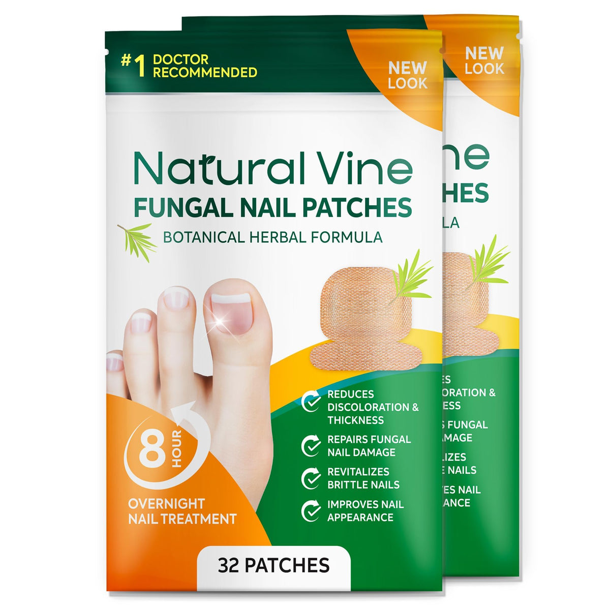 Natural Vine fungal nail patches front packaging highlighting efficient treatment options.