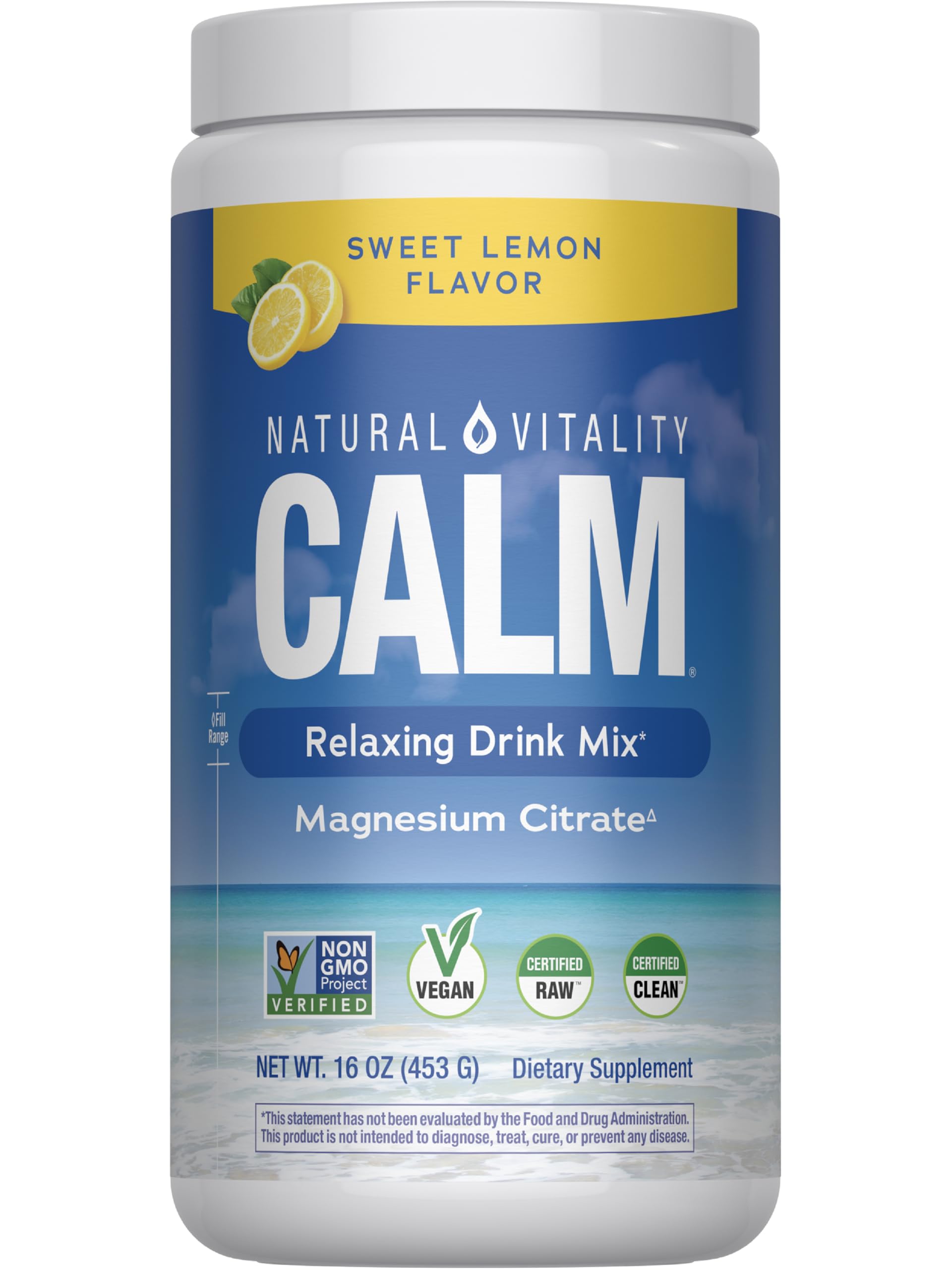 Natural Vitality CALM bottle with lemon flavor for relaxation moments.