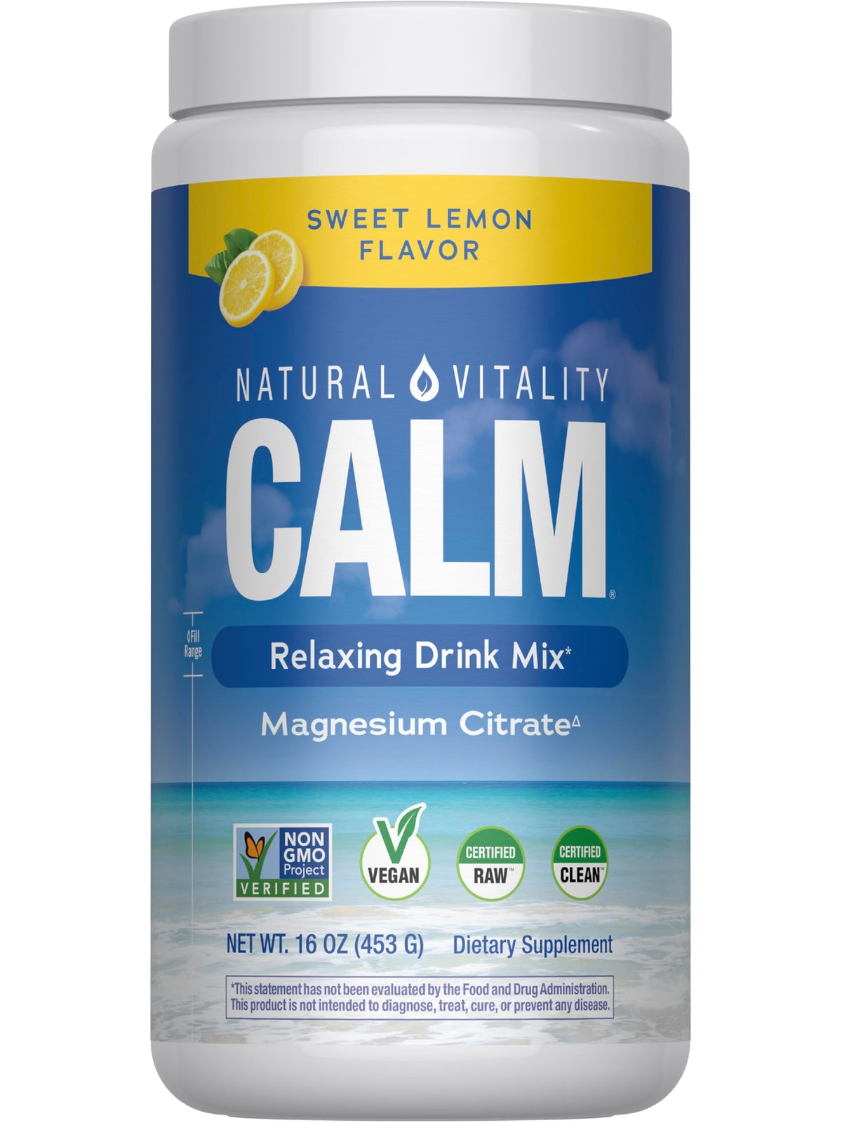 Natural Vitality CALM bottle with lemon flavor for relaxation moments.