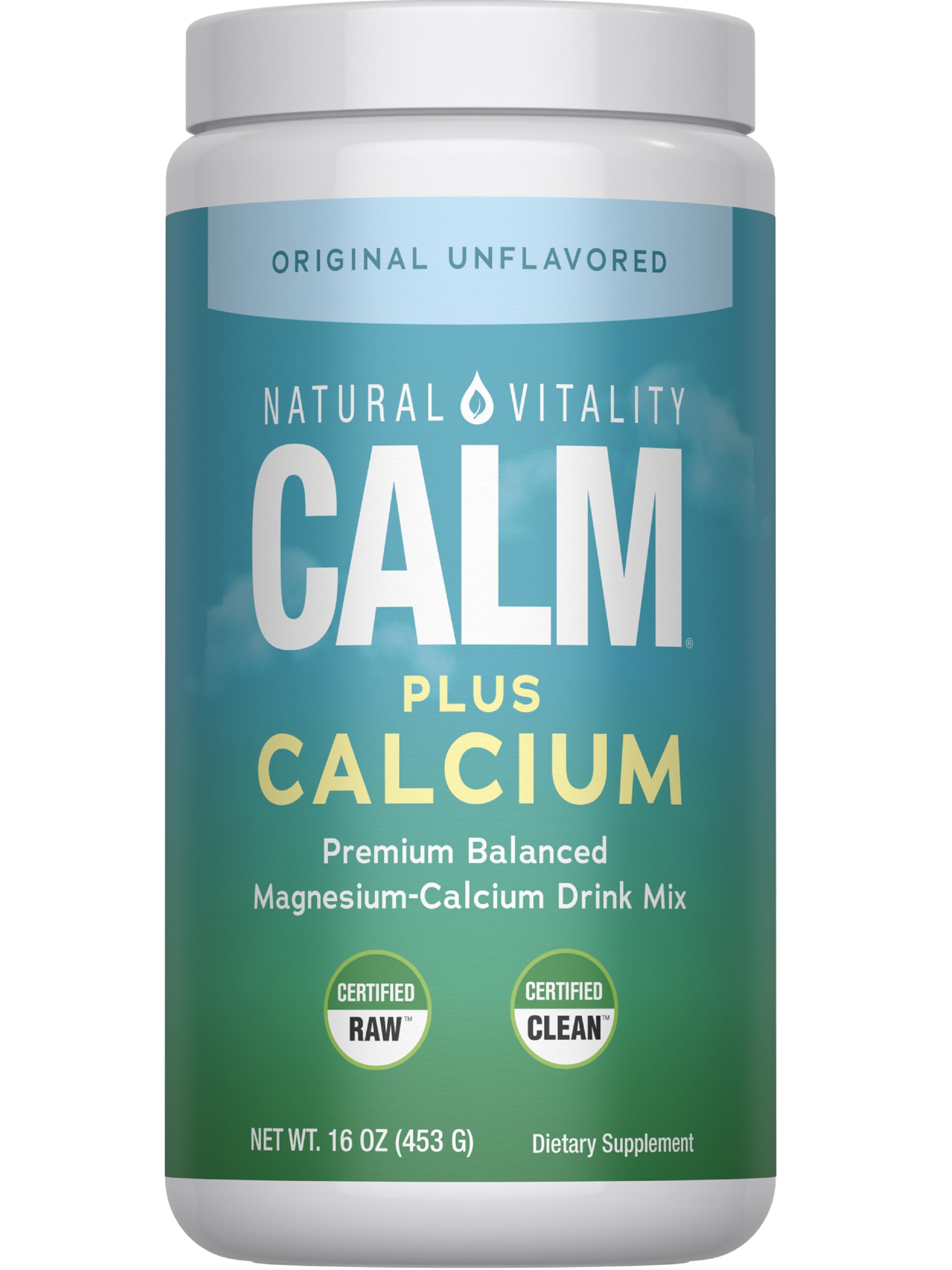 Natural Vitality CALM bottle poured into glass for a calming fizz.