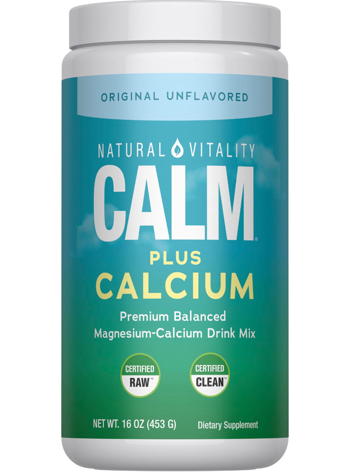 Natural Vitality CALM bottle poured into glass for a calming fizz.