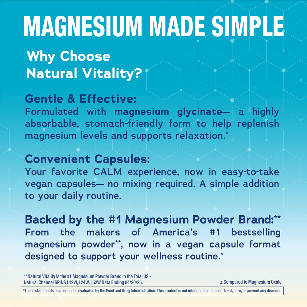 Natural Vitality CALM bottle pouring capsules, convenient travel-friendly daily habit.