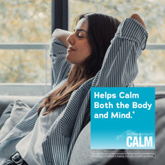 Natural Vitality CALM bottle beside morning routine items, inviting steady daily supplementation.