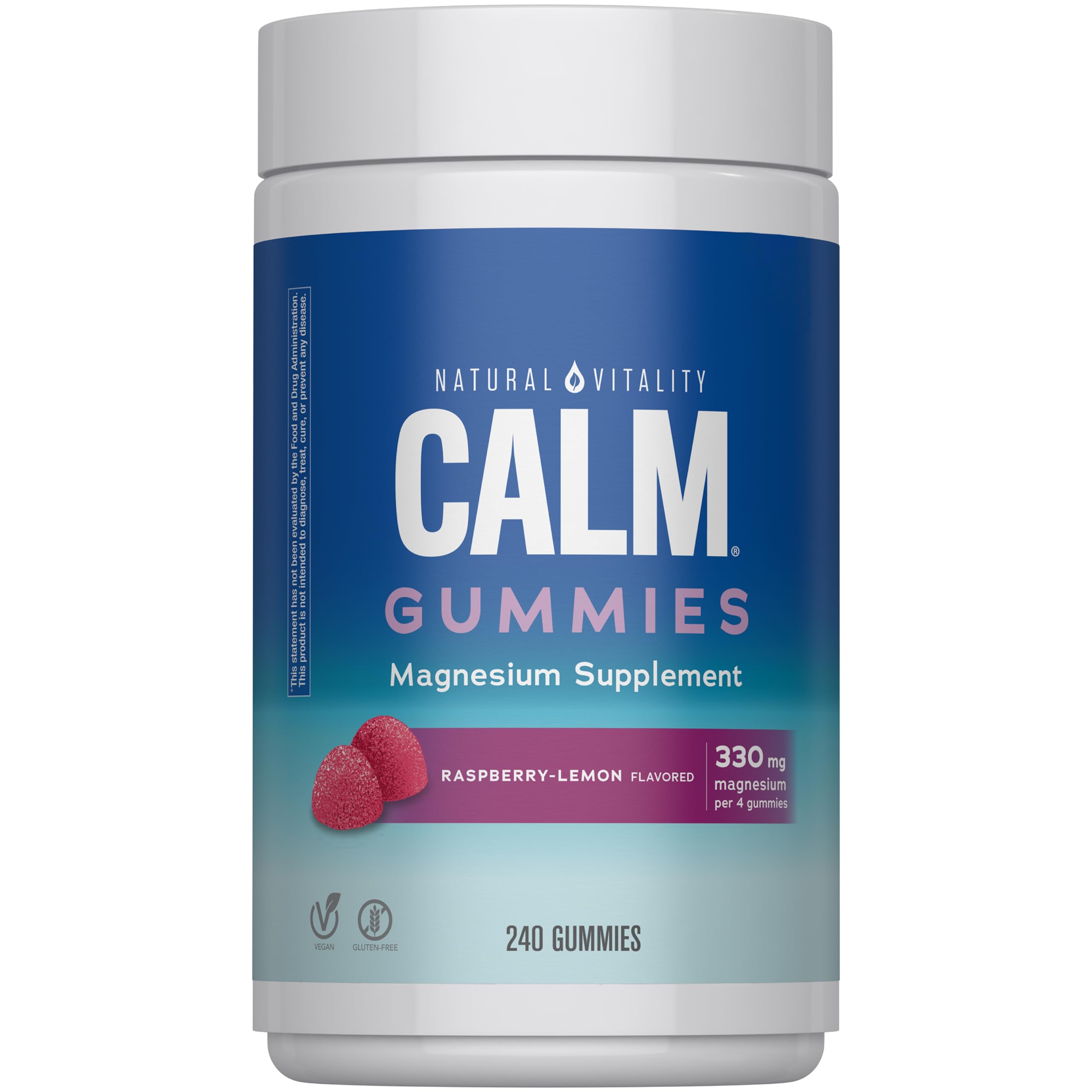 Natural Vitality CALM Gummies bottle promotes a calm mood.