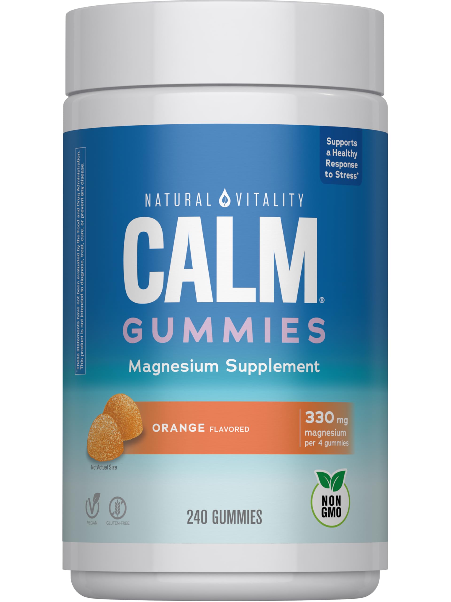 Natural Vitality CALM gummies orange jar front view for daily magnesium support.