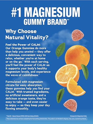 Natural Vitality CALM gummies label highlights vegan gluten-free ingredients and trusted quality.