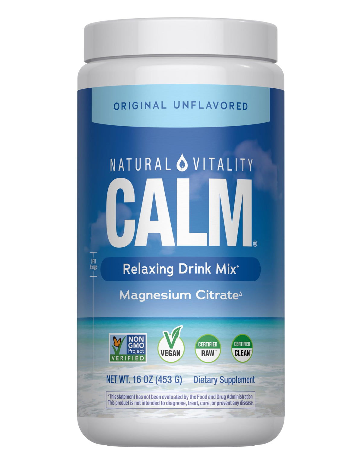 Natural Vitality CALM magnesium powder being poured to make a relaxing drink