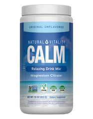 Natural Vitality CALM magnesium powder being poured to make a relaxing drink