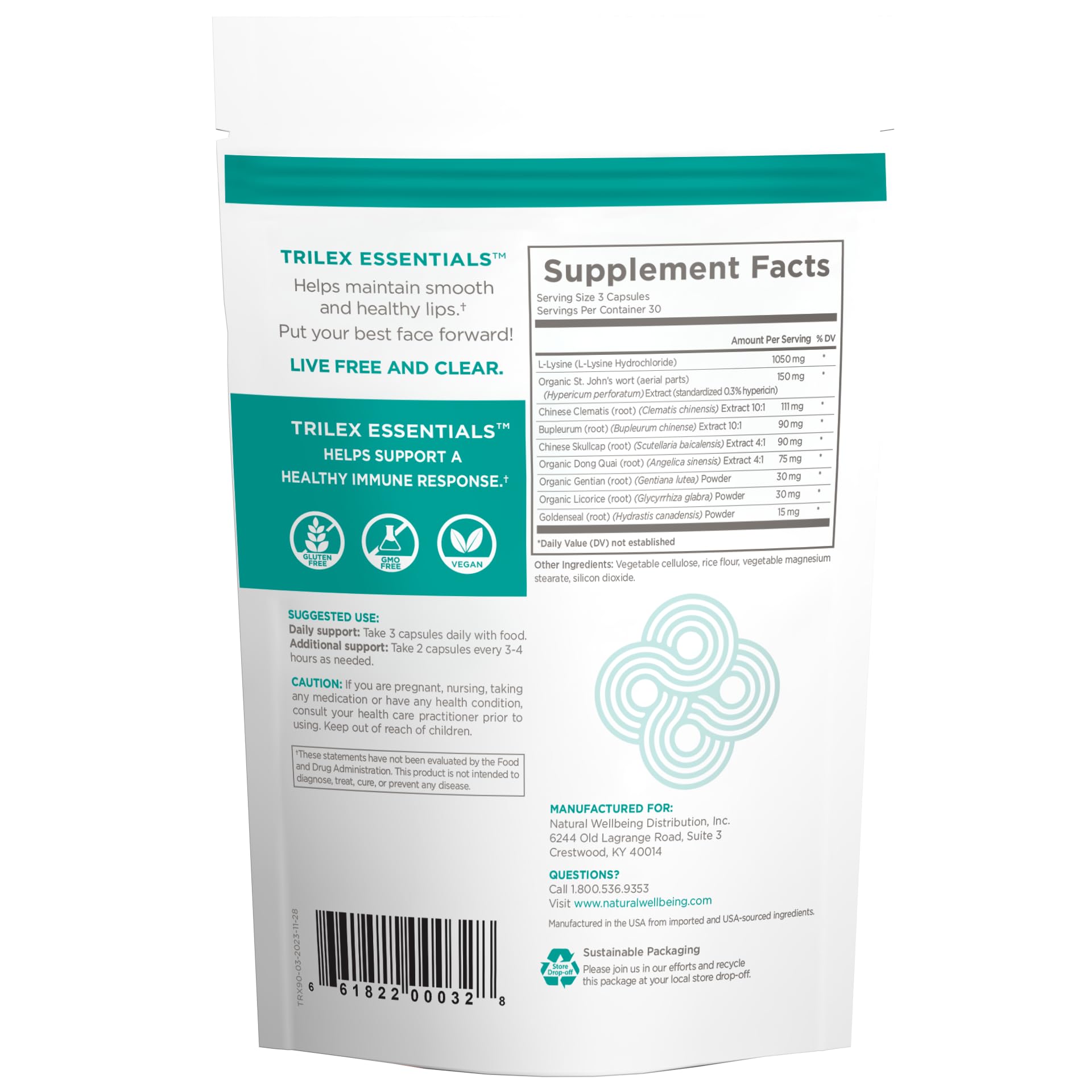 Natural Wellbeing Trilex Essentials capsules close-up highlighting immune-support herbs.