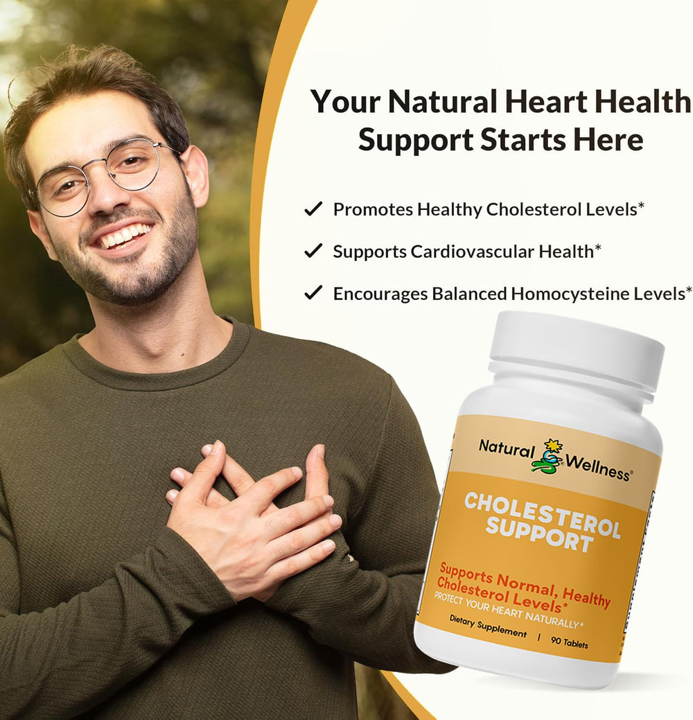 Natural Wellness Cholesterol Support ingredient blend emphasizes natural vitamins and botanicals.