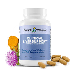 Natural Wellness Clinical Liver Support bottle front shows 12-ingredient formula for liver health.