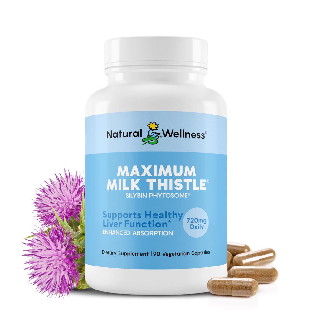 Natural Wellness Maximum Milk Thistle bottle showcases high-potency 720 mg daily formula for liver health.