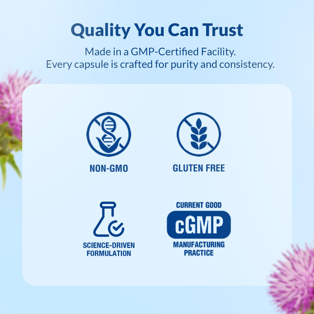Natural Wellness Maximum Milk Thistle glass with capsules conveys easy daily intake with water.