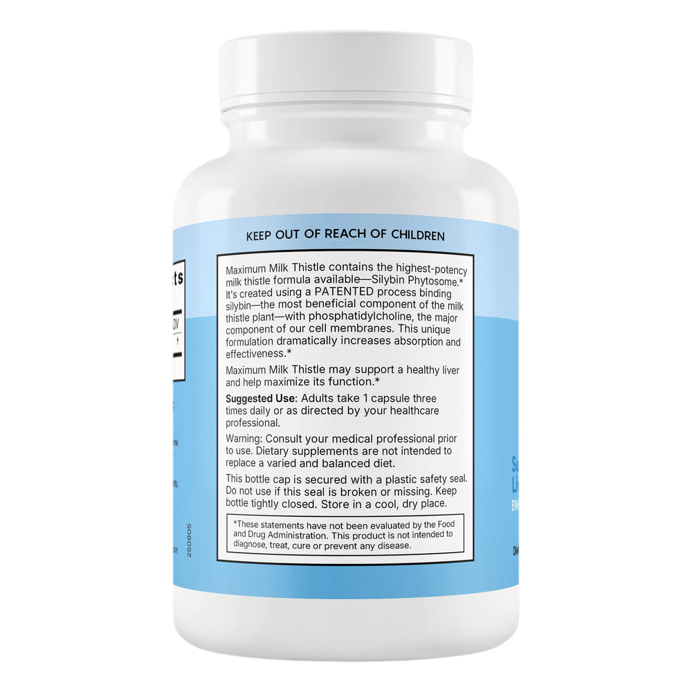 Natural Wellness Maximum Milk Thistle label front emphasizes non-GMO and gluten-free features.