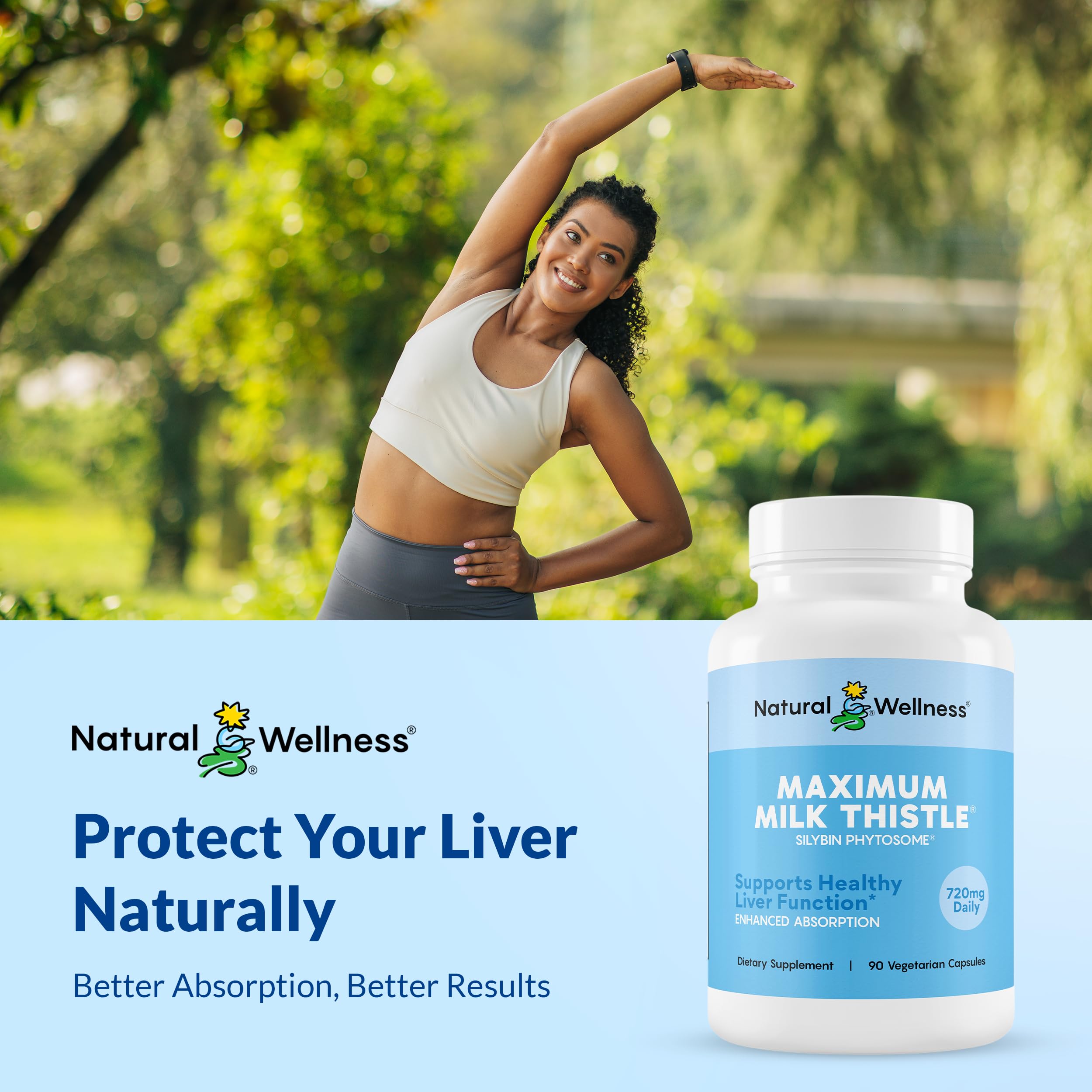 Natural Wellness Maximum Milk Thistle product scene demonstrates a clean, vegan, non-GMO supplement.