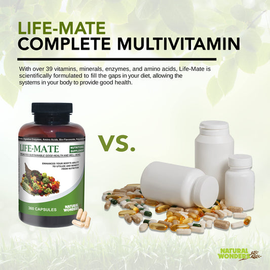 Natural Wonders Life Mate label close-up conveying comprehensive multivitamin ingredients.