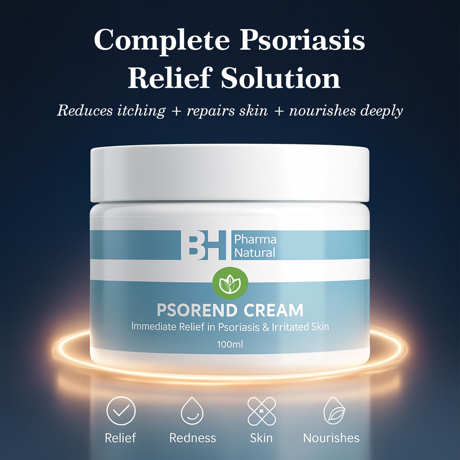 Natural Cream psoriasis relief packaging box emphasizes protective barrier benefits.