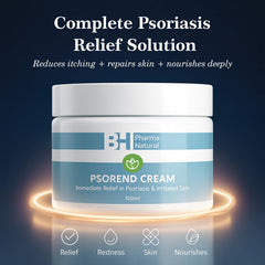 Natural Cream psoriasis relief packaging box emphasizes protective barrier benefits.