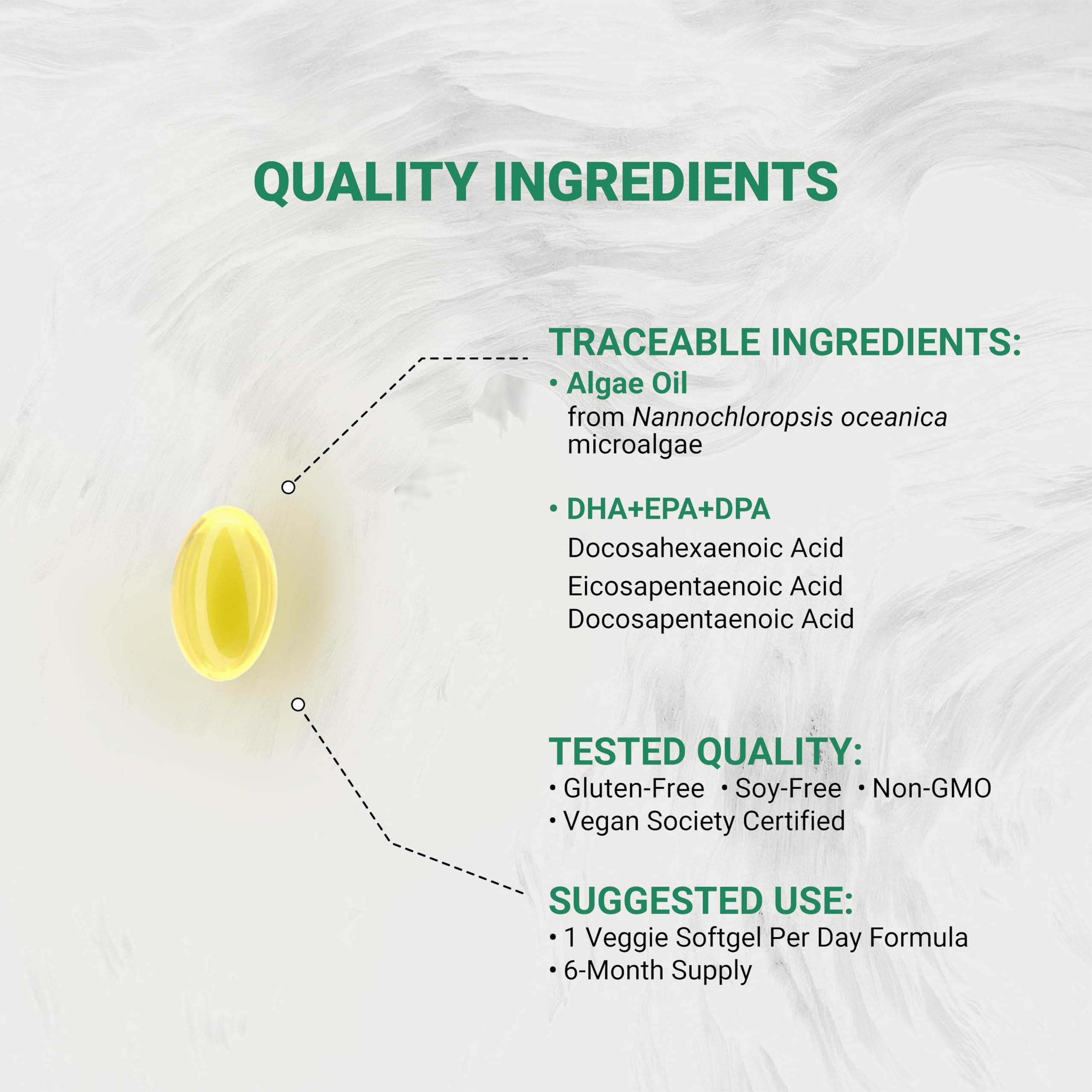 Naturalis bottle label detail highlighting algae origin and vegan certifications
