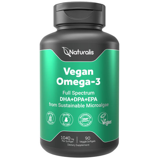 Naturalis double strength omega-3 bottle highlights vegan algae oil for heart health.