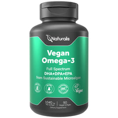 Naturalis double strength omega-3 bottle highlights vegan algae oil for heart health.