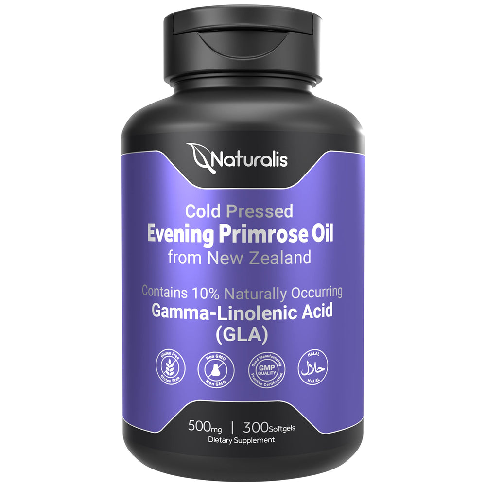 Naturalis Evening Primrose Oil bottle showing pure formulation and New Zealand origin.