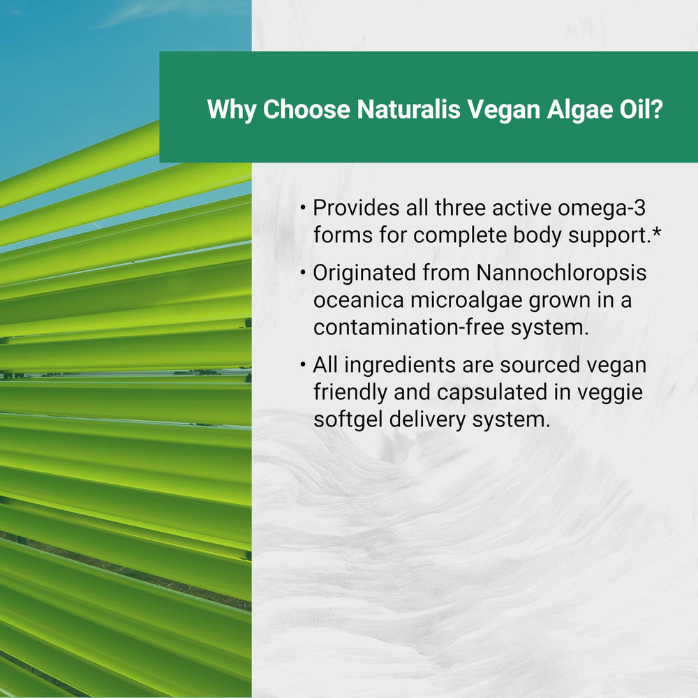 Naturalis microalgae oil visual emphasizes marine origin and full spectrum omega-3 profile
