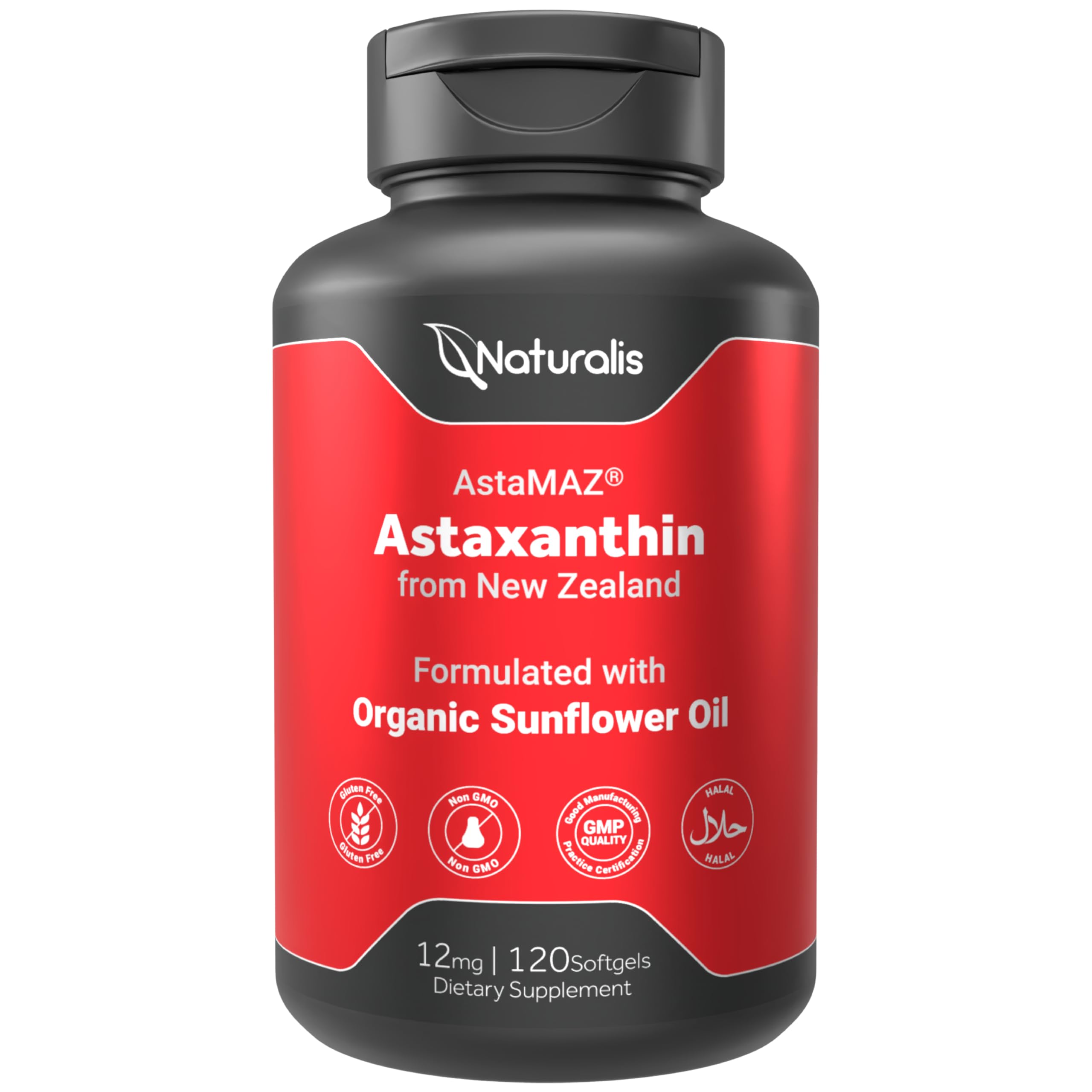Naturalis New Zealand Astaxanthin bottle front view highlighting premium antioxidant formula.