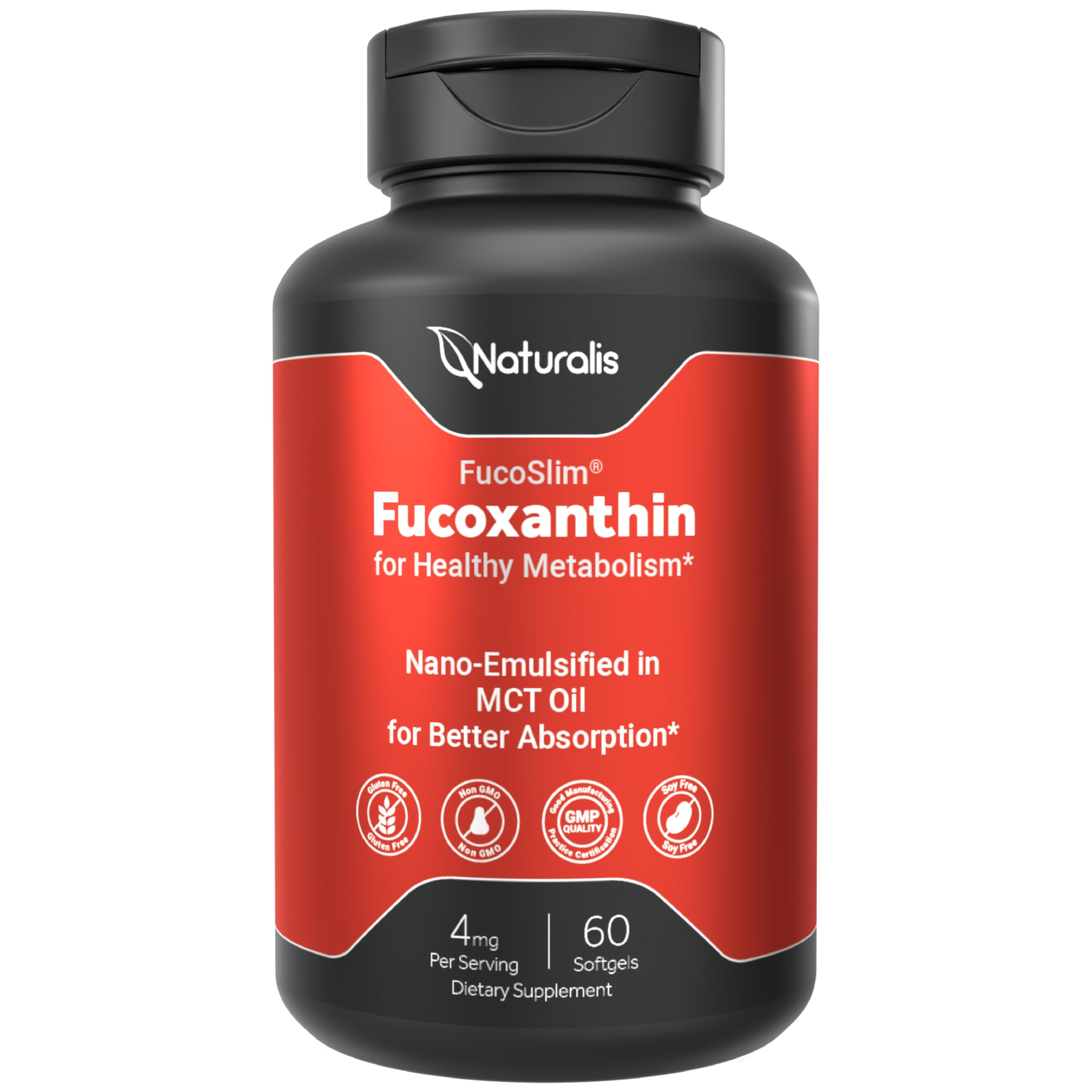 Naturalis fucoxanthin bottle with 4 mg softgels for daily wellness