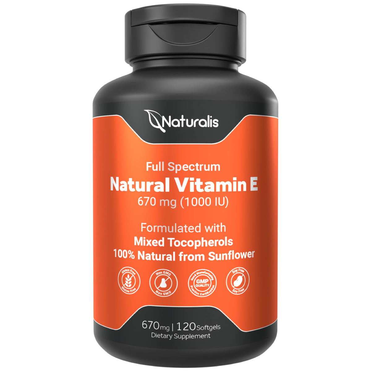 Naturalis Sunflower Vitamin E 670mg bottle shows natural sunflower source for daily skin support.