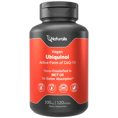 Naturalis Ubiquinol 100mg softgel bottle for easy daily antioxidant support.