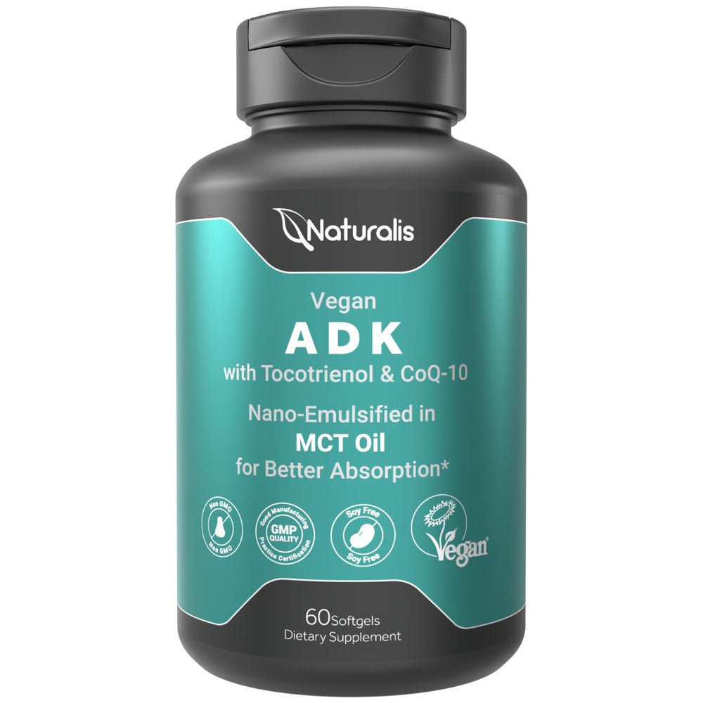 Naturalis vegan ADKE softgel bottle for daily immune-support nutrition.