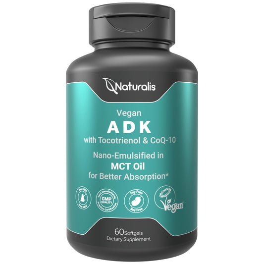 Naturalis vegan ADKE softgel bottle for daily immune-support nutrition.