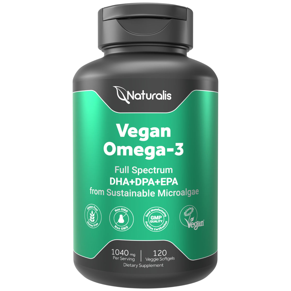 Naturalis vegan Omega-3 softgels: full spectrum blend with DHA, EPA, and DPA for daily support.