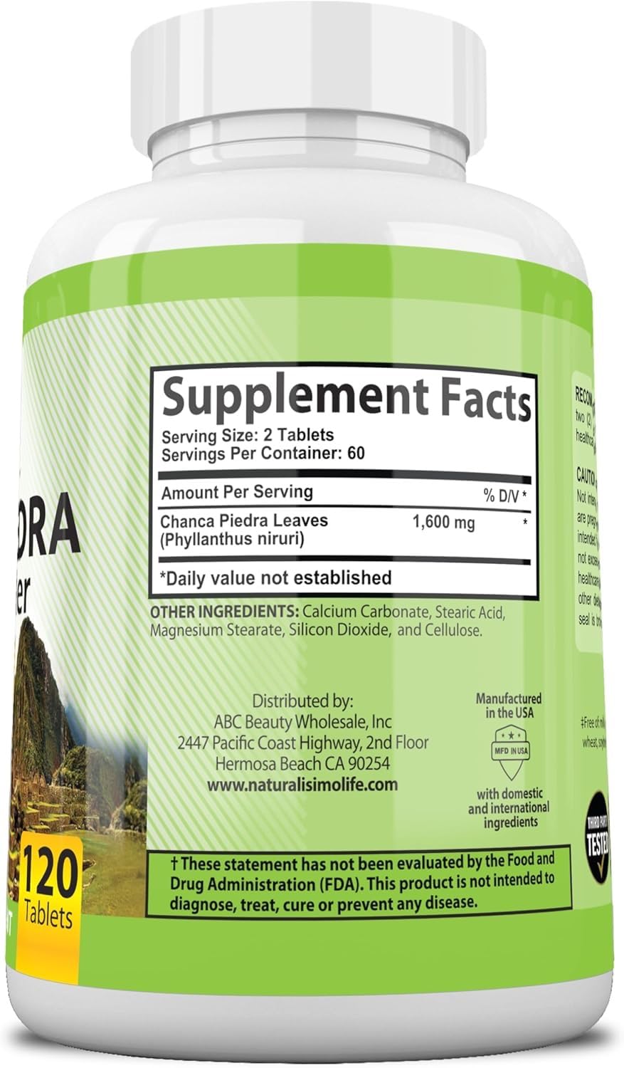 NaturalisimoLife Chanca Piedra GMP label indicating vegan, non-GMO ingredients.