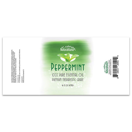 Naturalitana Peppermint Essential Oil bottle closeup, showcasing purity and quality.