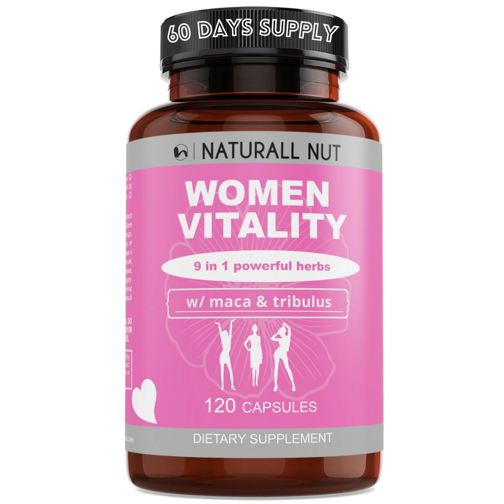 Naturall Nut Women Vitality bottle being poured, for daily energy support and mood balance.