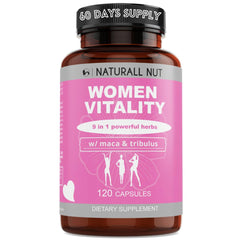 Naturall Nut Women Vitality bottle being poured, for daily energy support and mood balance.