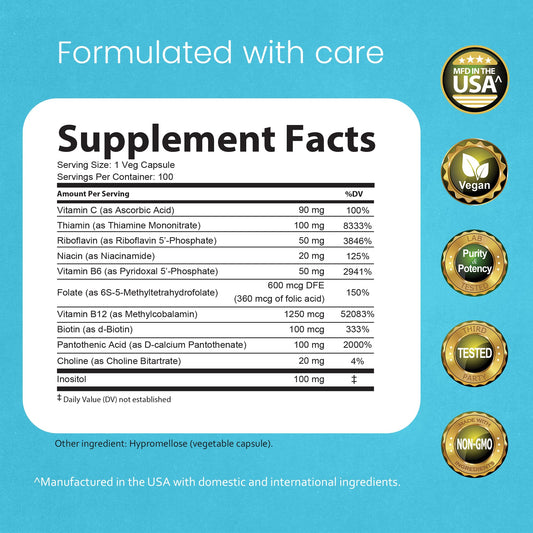 NaturaLife Labs Vitamin B-Complex active forms label highlights B2, B6, B9, B12 for bioavailability