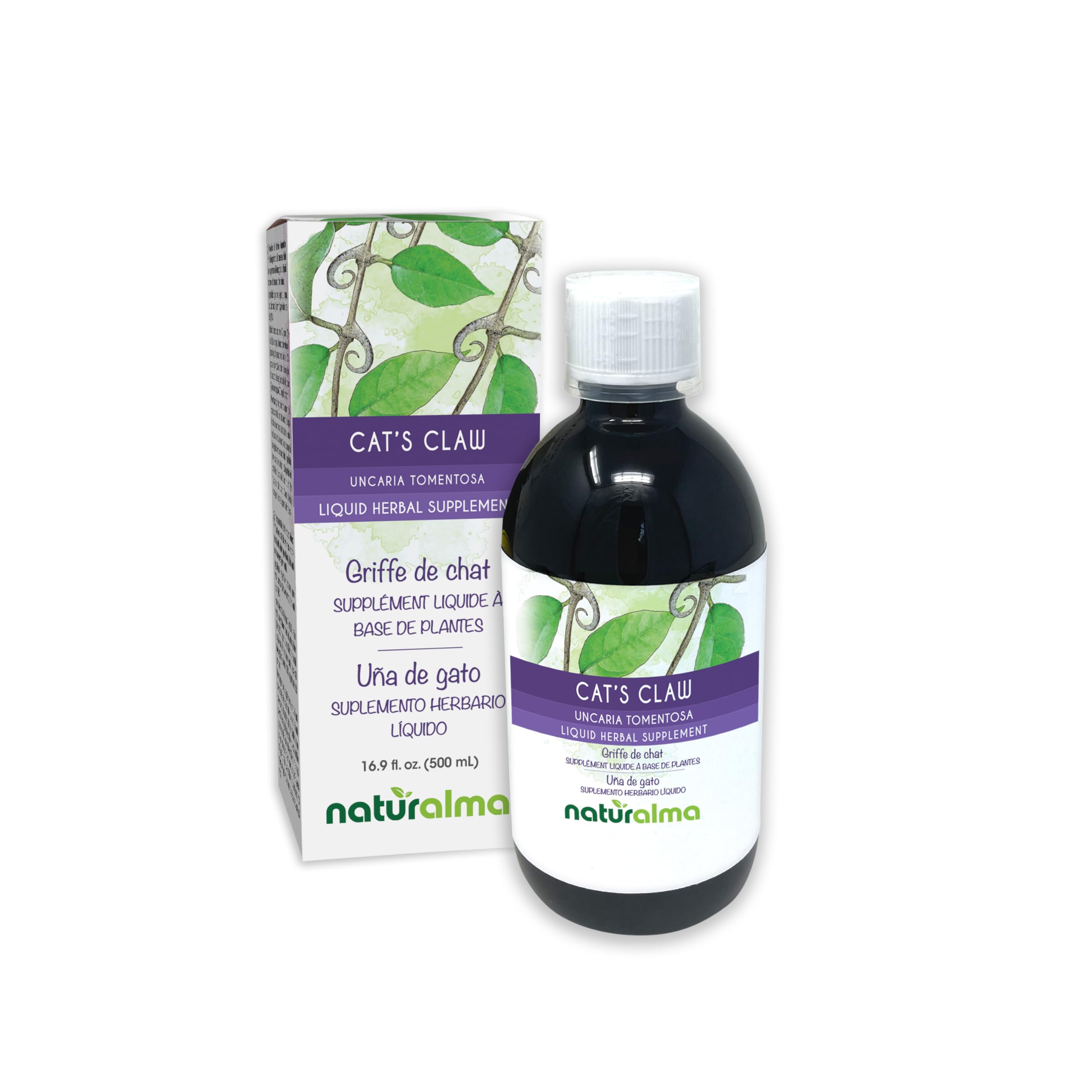 Naturalma Cat's Claw bark tincture bottle highlighting alcohol-free extract for daily use.
