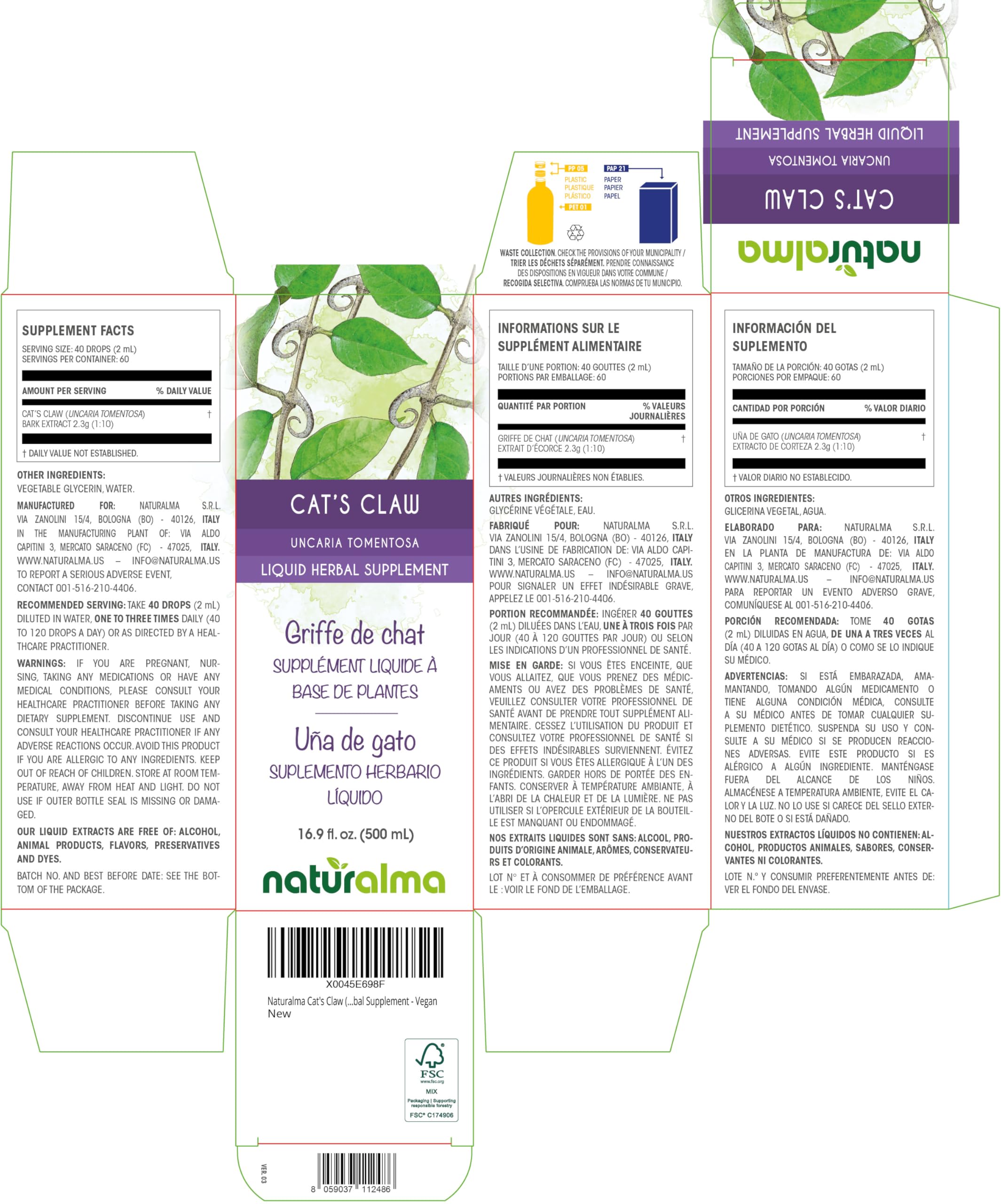 Naturalma Cat's Claw bark tincture drops ready for precise dosing.