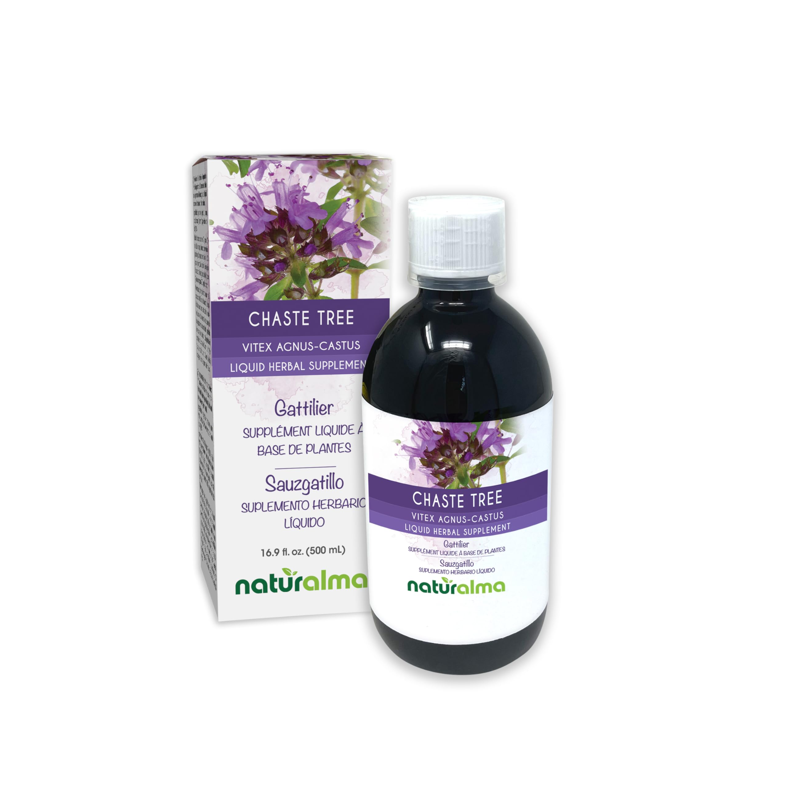 Naturalma Chaste Tree bottle close-up showing an alcohol-free extract for daily use