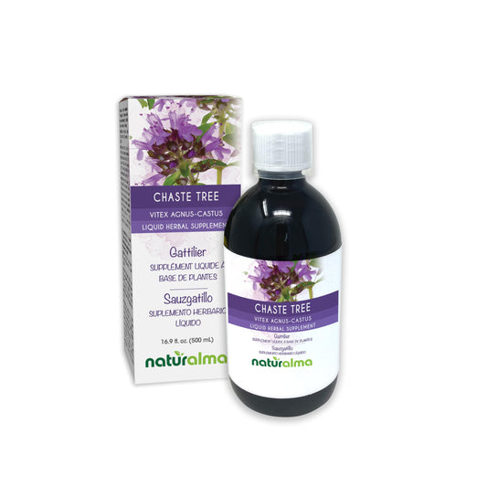 Naturalma Chaste Tree bottle close-up showing an alcohol-free extract for daily use