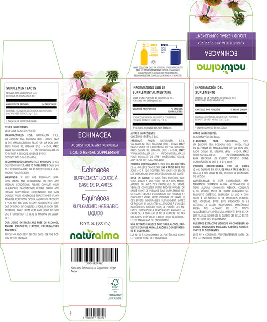 Naturalma Echinacea bottle side label emphasizes 100% natural, vegan tincture.