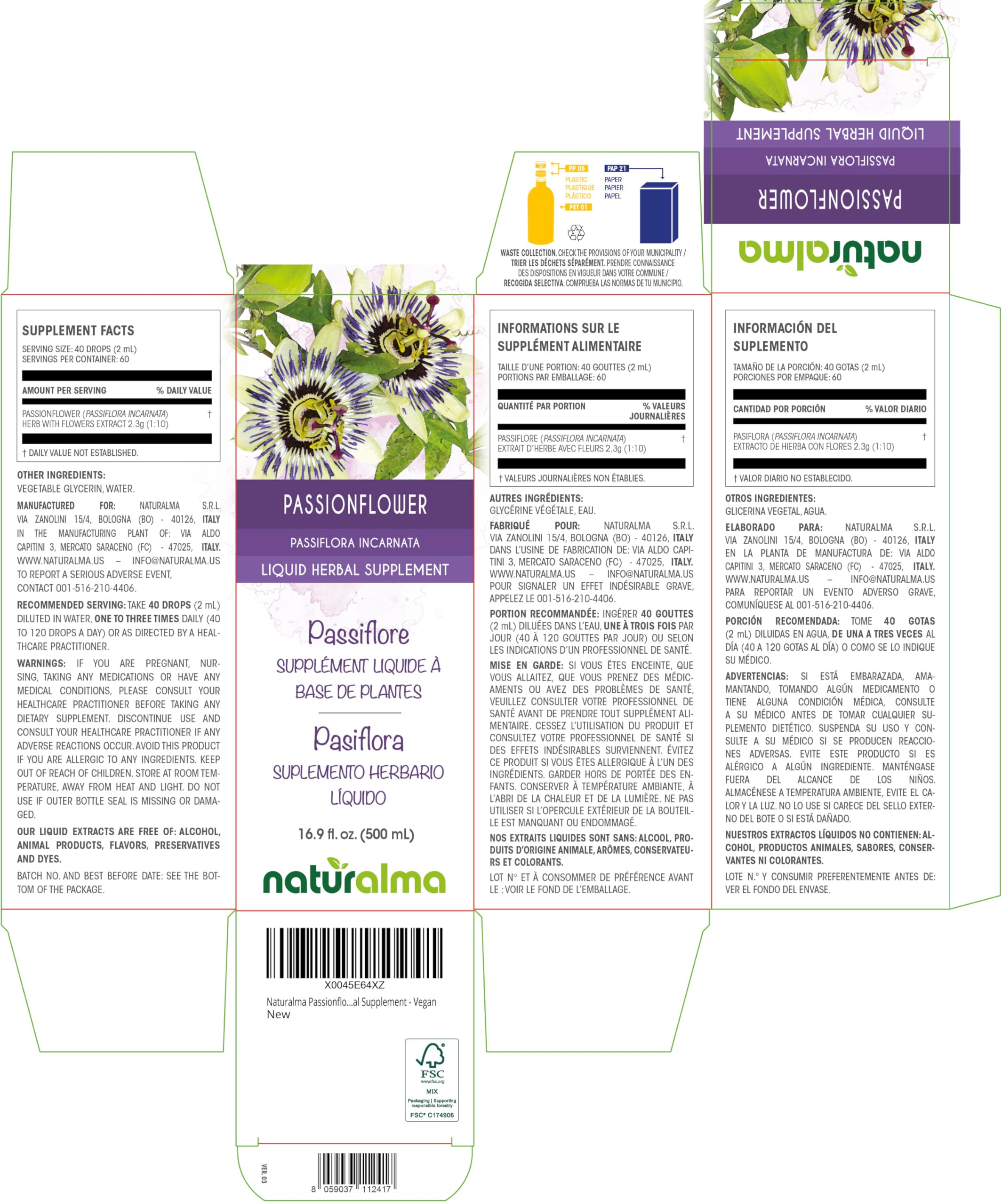 Naturalma passionflower drops show 40 drops (2 ml) per serving.